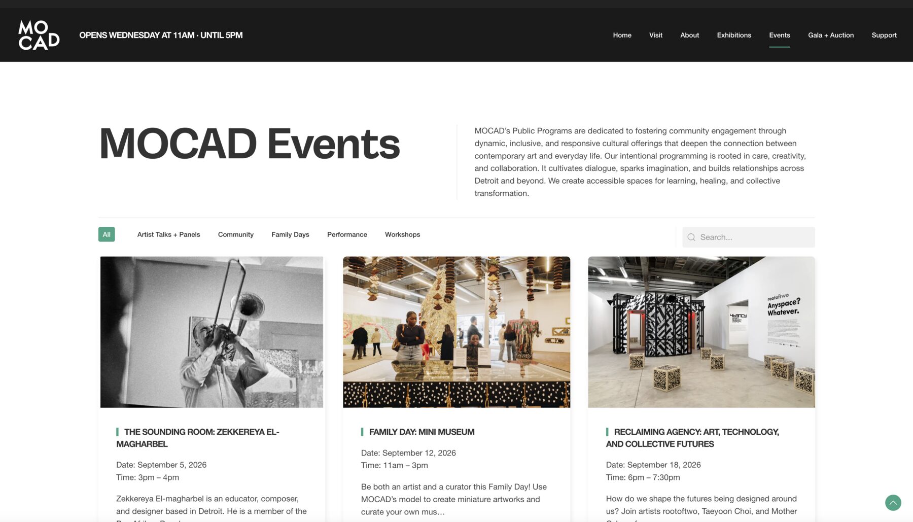 The live events index with category filters for artist talks and panels, community, family days, performance and workshops, a search field, and three event cards each with its own date and photograph