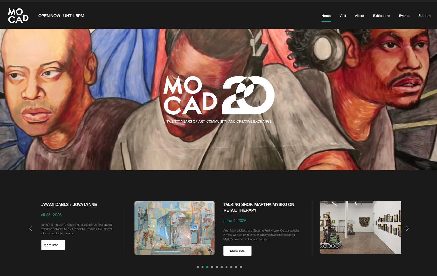 The live desktop homepage, a dark canvas with the twentieth anniversary mark over gallery artwork and a carousel of upcoming programs below
