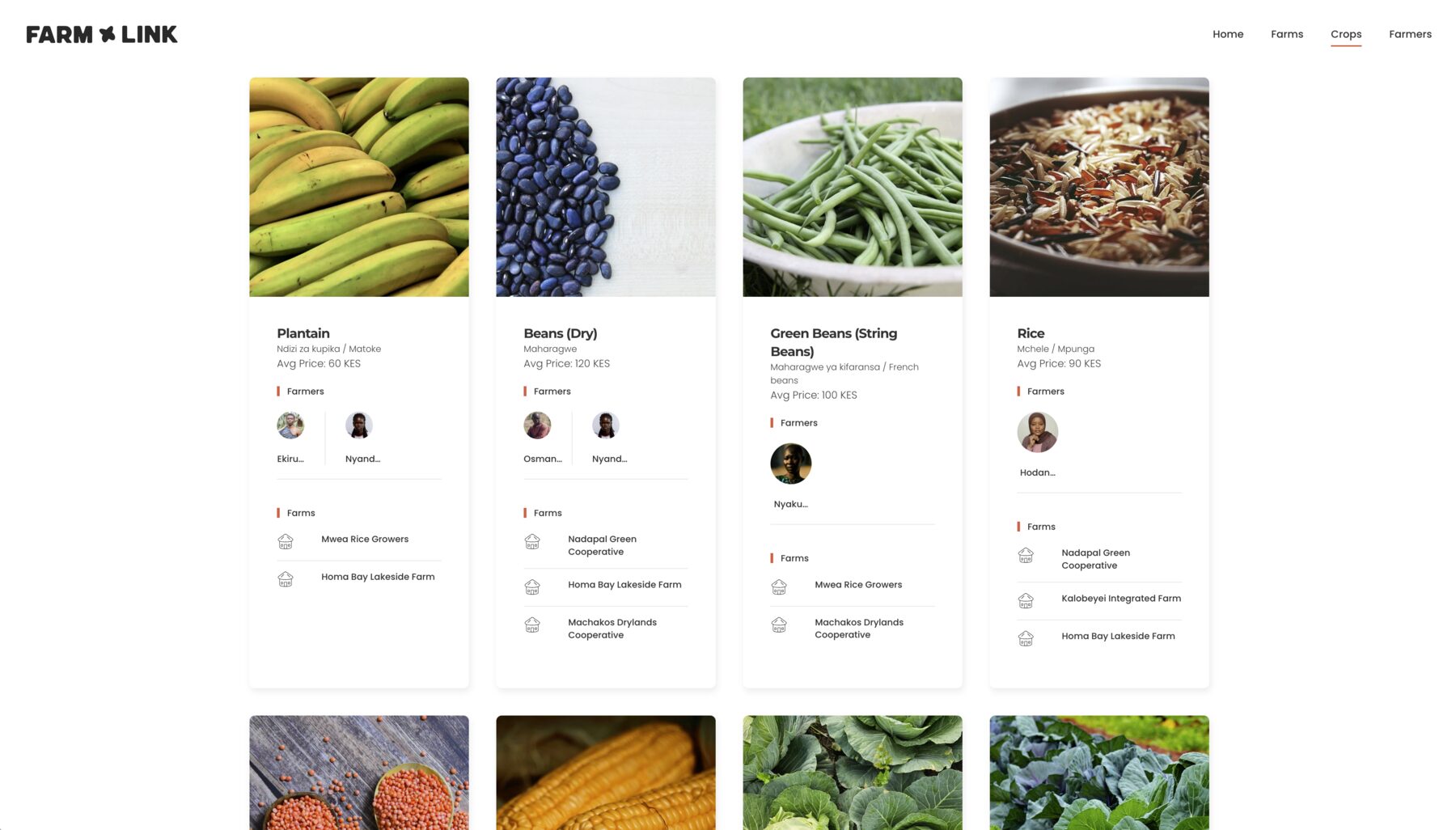 FarmLink's crops index, each crop linked to the farmers who grow it and the farms it grows on
