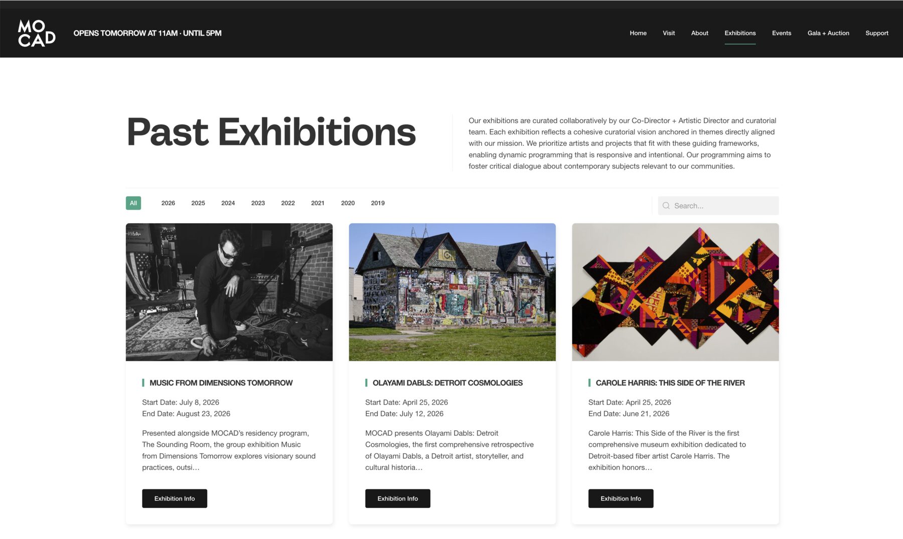 The live MOCAD past exhibitions index, filterable by year, each show its own record