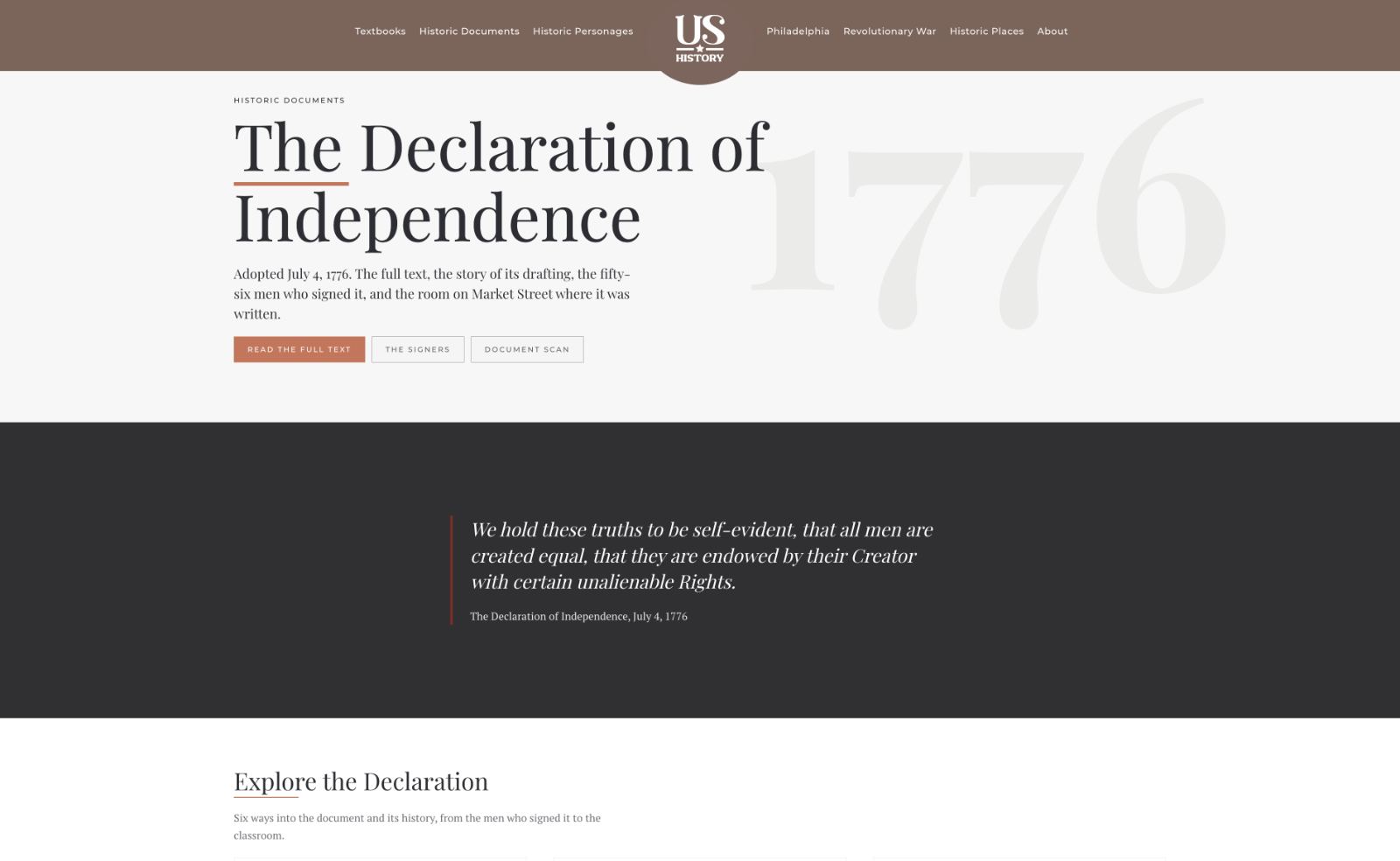 The Declaration of Independence landing page