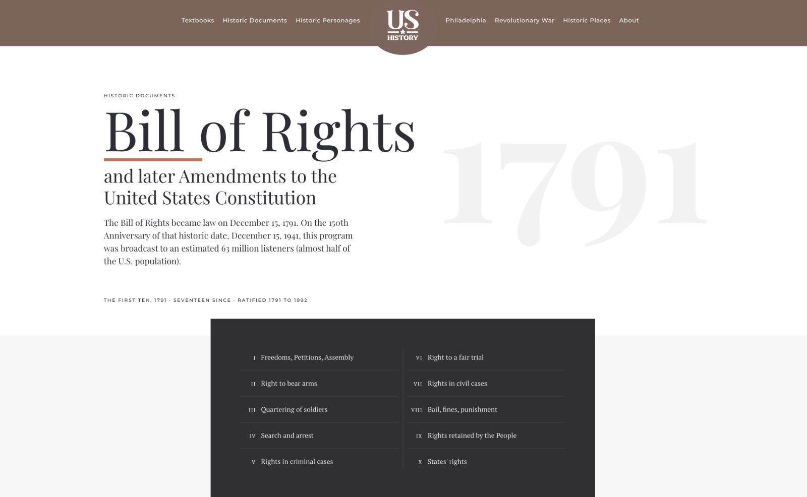 The Bill of Rights landing page